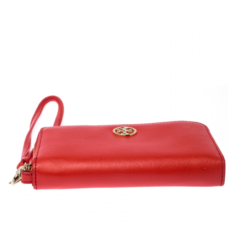 Pre Owned Tory Burch Orange Leather Wristlet Wallet