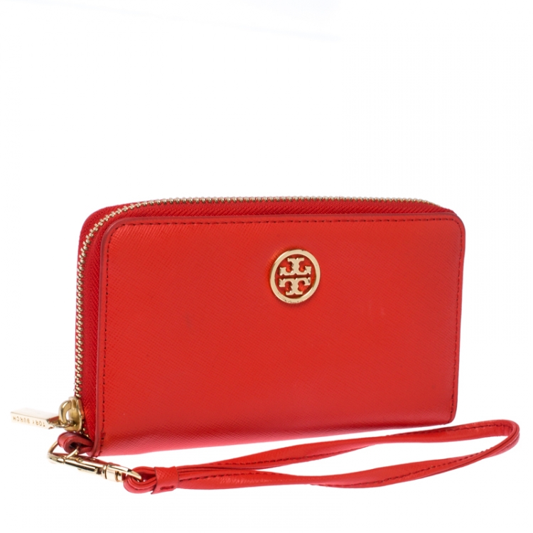 Pre Owned Tory Burch Orange Leather Wristlet Wallet