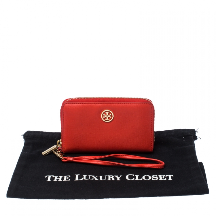 Pre Owned Tory Burch Orange Leather Wristlet Wallet