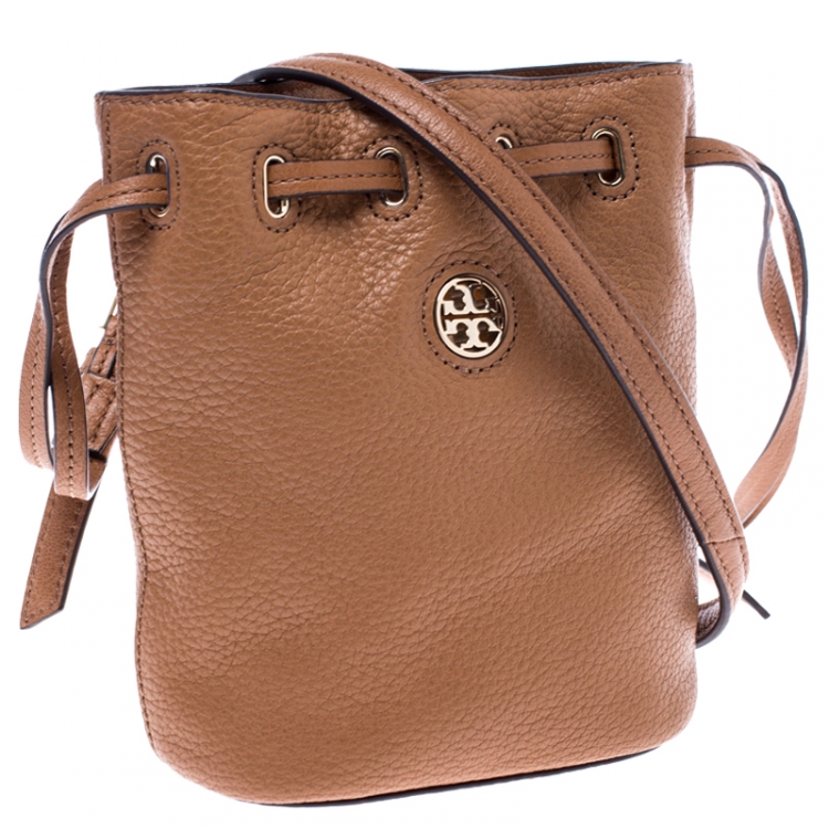 Pre Owned Tory Burch Tan Leather Drawstring Crossbody Bag