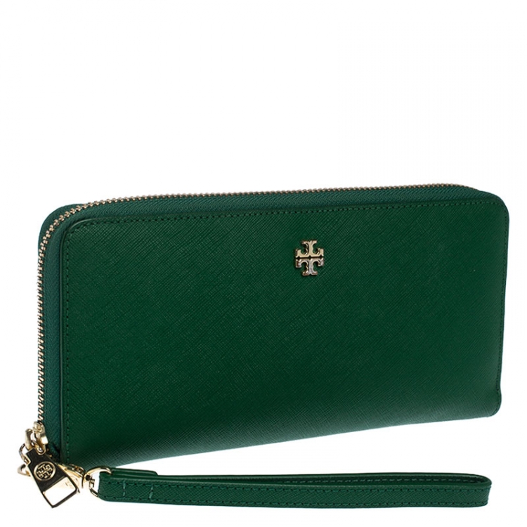 Pre Owned Tory Burch Green Leather Zip Around Wallet