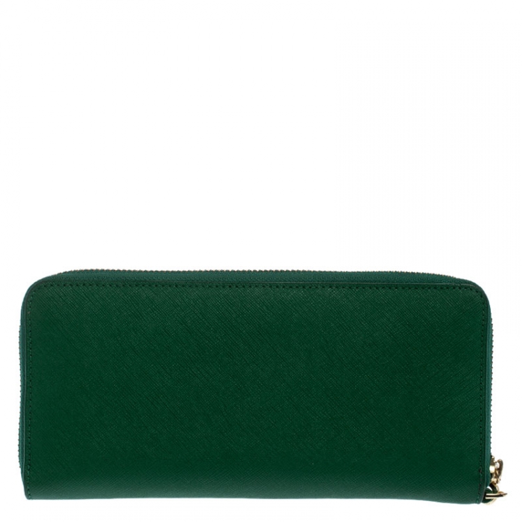 Pre Owned Tory Burch Green Leather Zip Around Wallet
