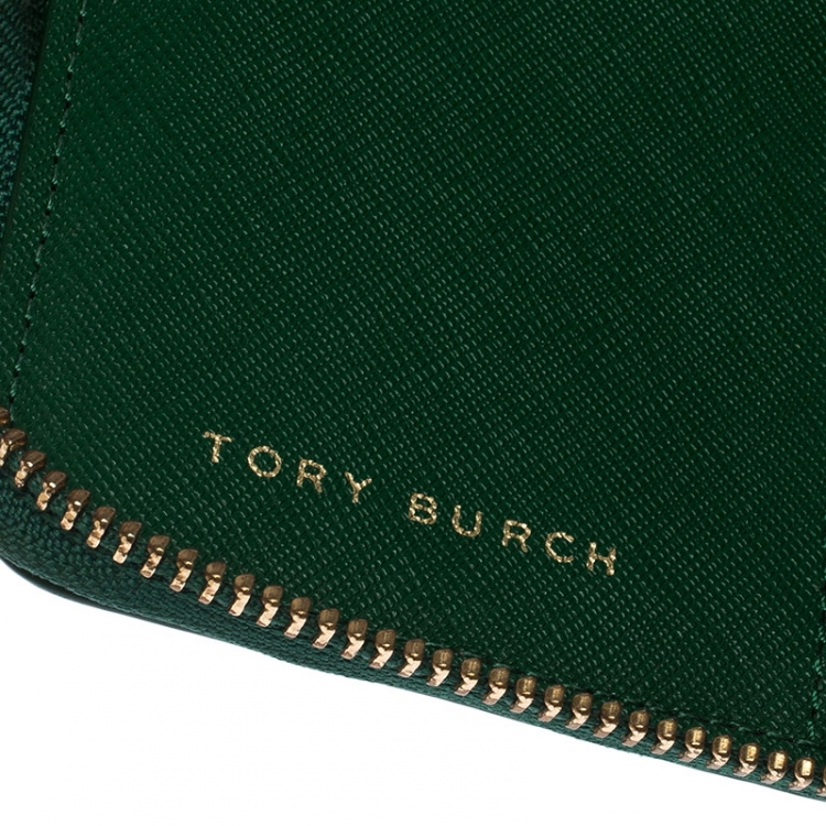 Pre Owned Tory Burch Green Leather Zip Around Wallet