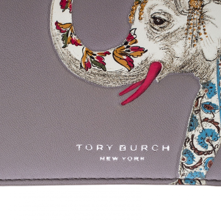 Pre Owned Tory Burch Grey Leather Elephant Foldable Mini Wallet