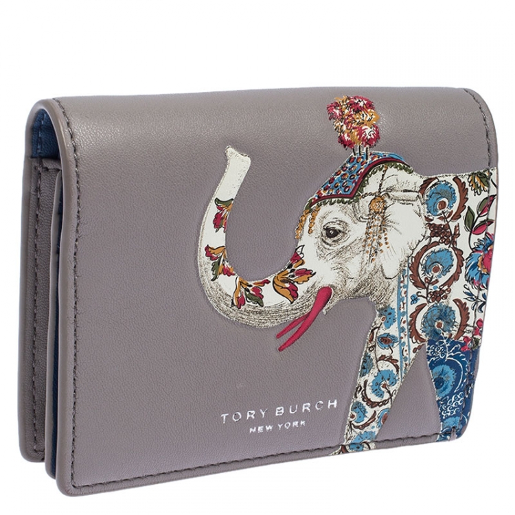 Pre Owned Tory Burch Grey Leather Elephant Foldable Mini Wallet