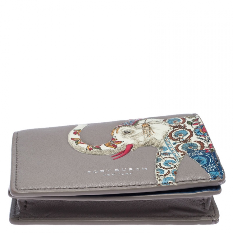 Pre Owned Tory Burch Grey Leather Elephant Foldable Mini Wallet