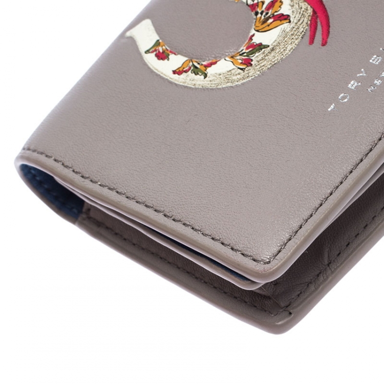 Pre Owned Tory Burch Grey Leather Elephant Foldable Mini Wallet