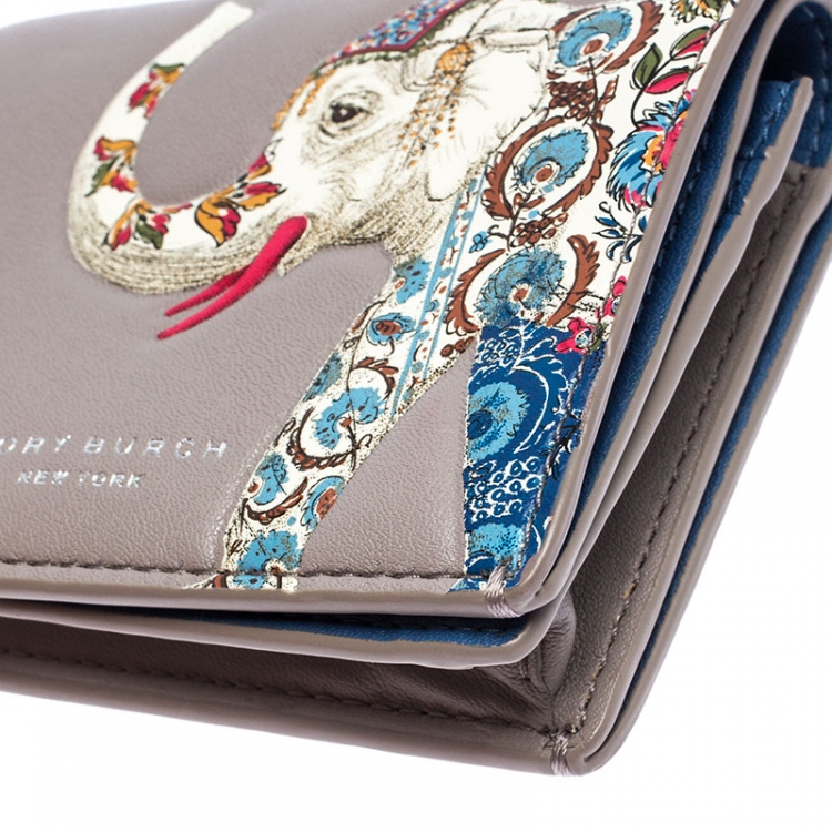 Pre Owned Tory Burch Grey Leather Elephant Foldable Mini Wallet
