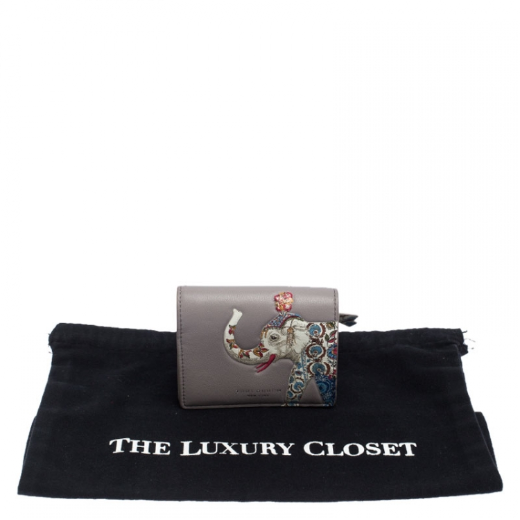 Pre Owned Tory Burch Grey Leather Elephant Foldable Mini Wallet