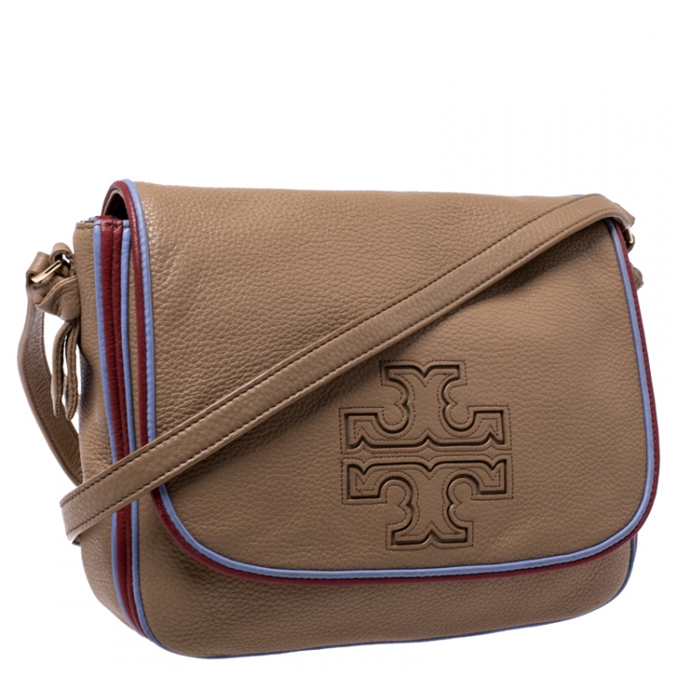 Pre Owned Tory Burch Camel Leather Flap Crossbody Bag