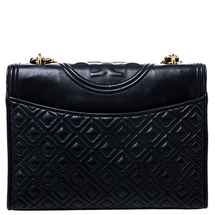 Pre Owned Tory Burch Black Leather Fleming Convertible Shoulder Bag