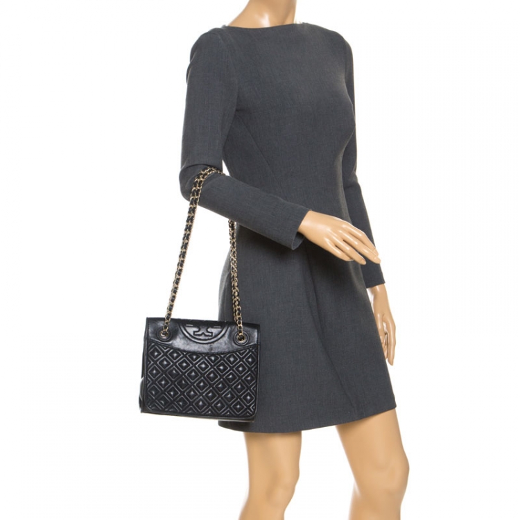 Pre Owned Tory Burch Black Leather Fleming Crossbody Bag