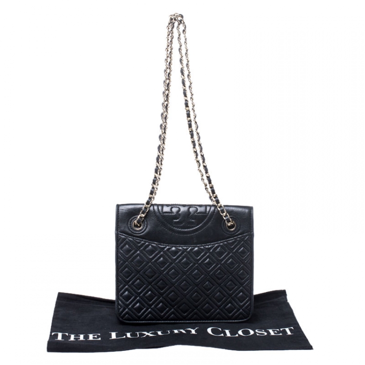 Pre Owned Tory Burch Black Leather Fleming Crossbody Bag