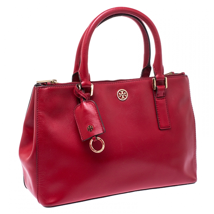 Pre Owned  Tory Burch Red Saffiano Leather Robinson Double Zip Tote