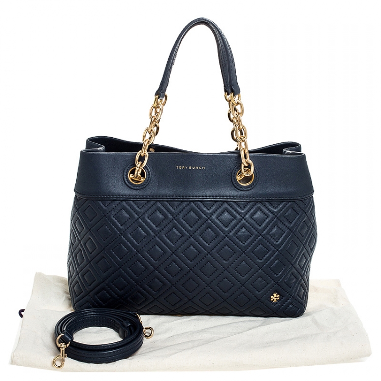 Pre Owned Tory Burch Blue Leather Small Fleming Tote