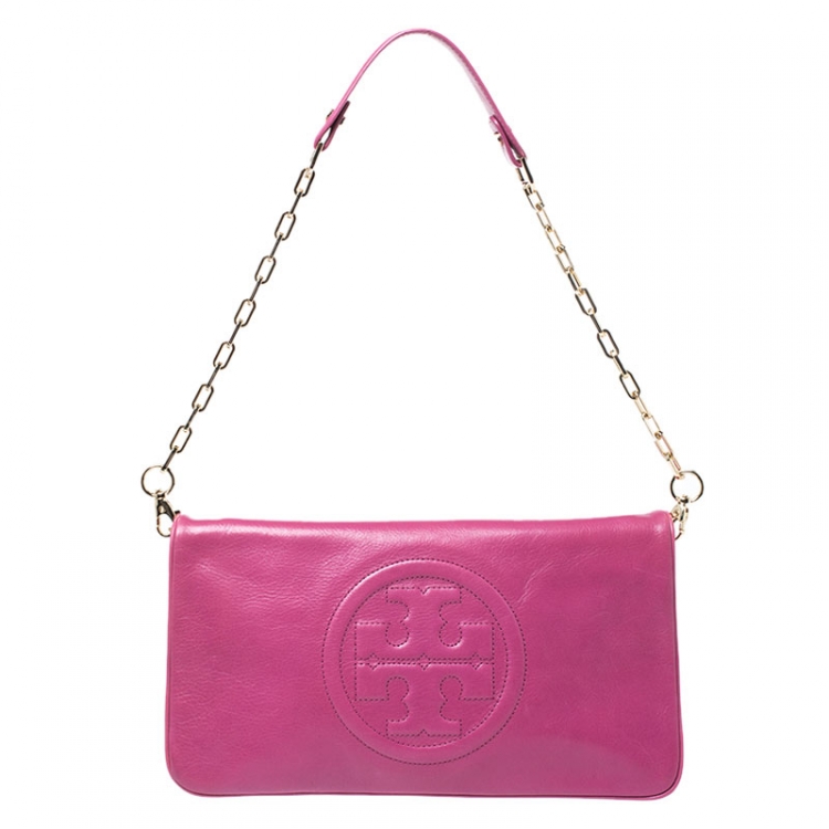 Pre Owned Tory Burch Magenta Leather Reva Chain Clutch