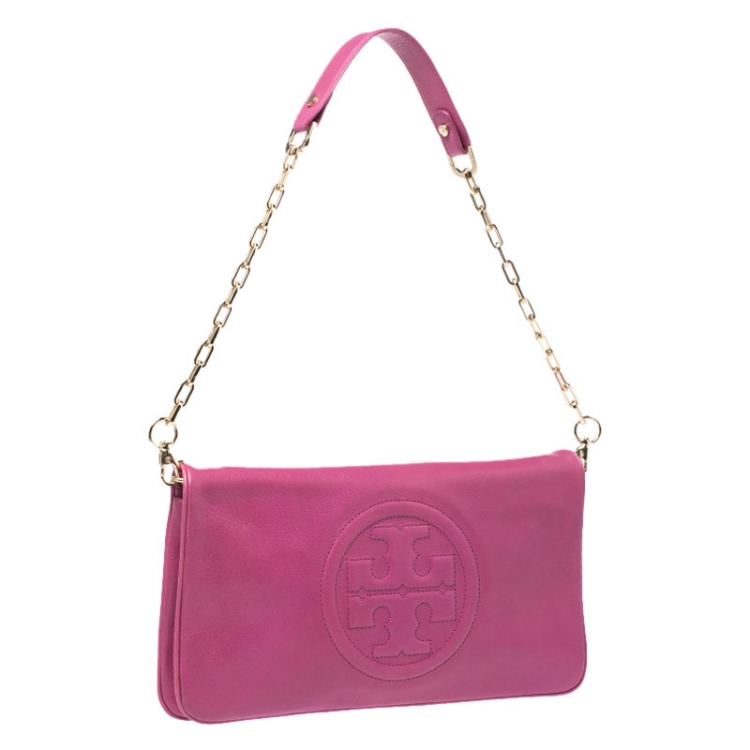 Pre Owned Tory Burch Magenta Leather Reva Chain Clutch