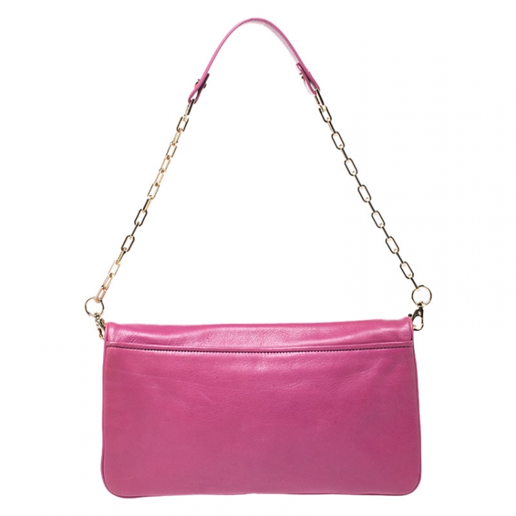 Pre Owned Tory Burch Magenta Leather Reva Chain Clutch
