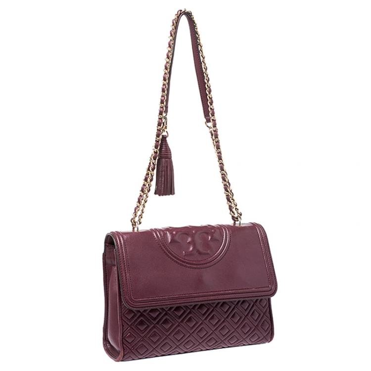 Pre Owned Tory Burch Burgundy Leather Fleming Crossbody Bag