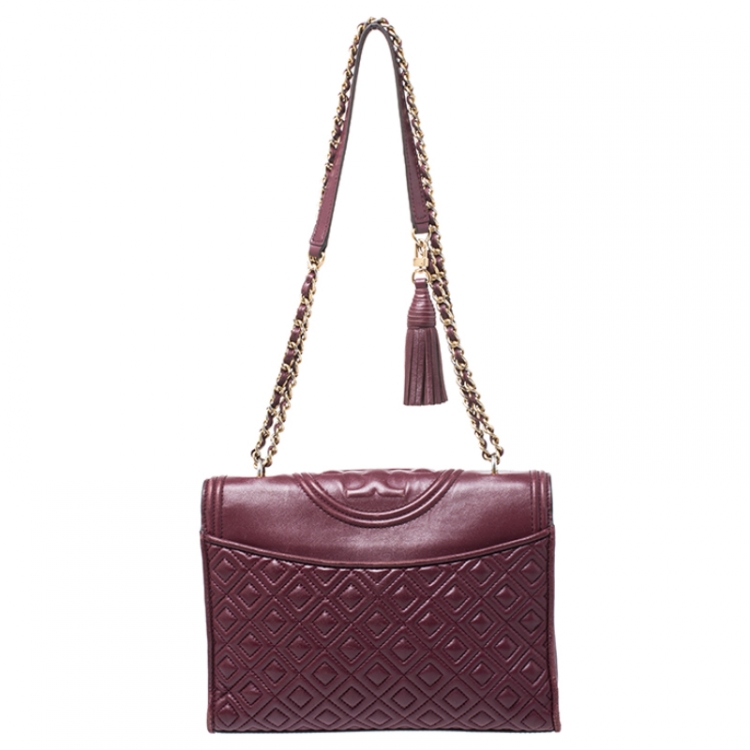 Pre Owned Tory Burch Burgundy Leather Fleming Crossbody Bag