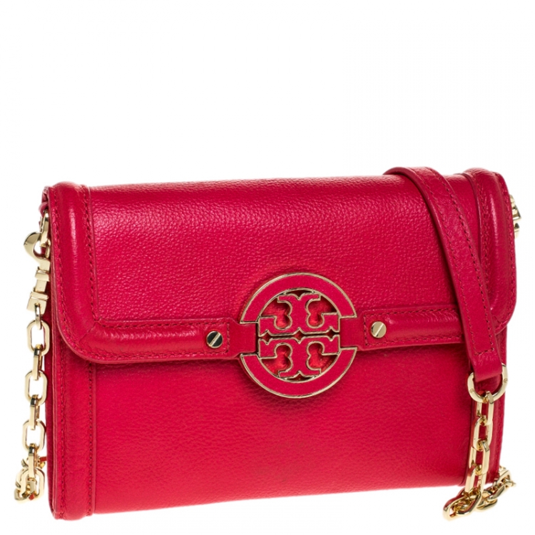Pre Owned Tory Burch Pink Leather Amanda Chain Clutch