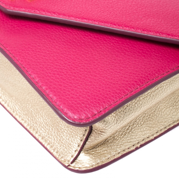 Pre Owned Tory Burch Fuchsia/Gold Leather Kira Envelope Flap Chain Bag