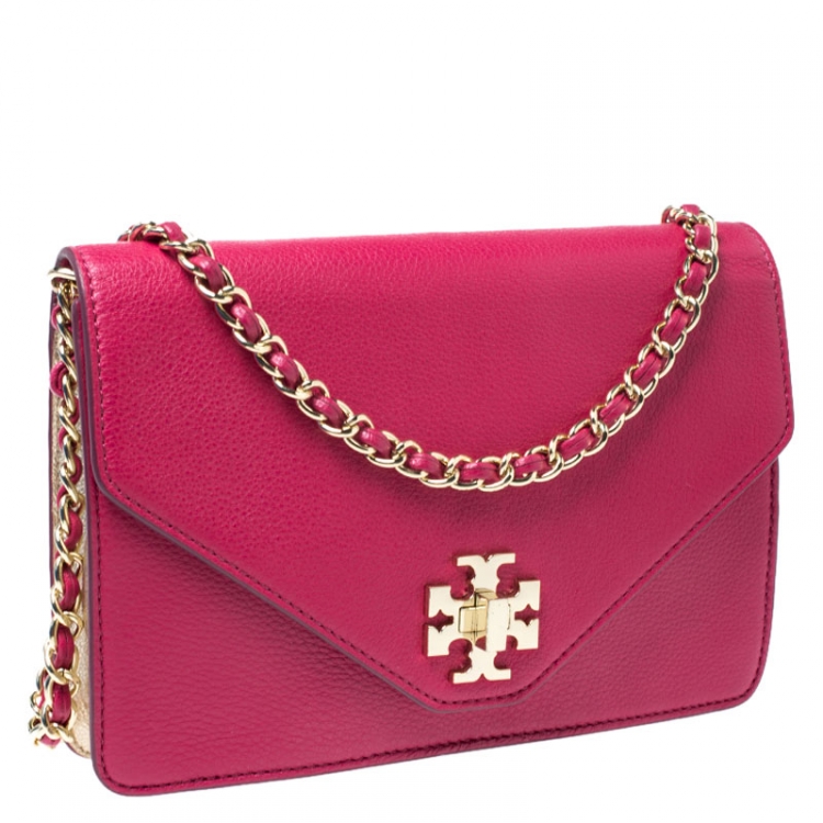 Pre Owned Tory Burch Fuchsia/Gold Leather Kira Envelope Flap Chain Bag