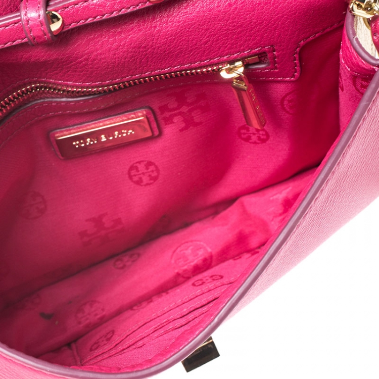 Pre Owned Tory Burch Fuchsia/Gold Leather Kira Envelope Flap Chain Bag