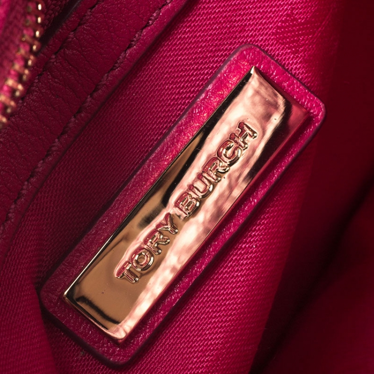Pre Owned Tory Burch Fuchsia/Gold Leather Kira Envelope Flap Chain Bag
