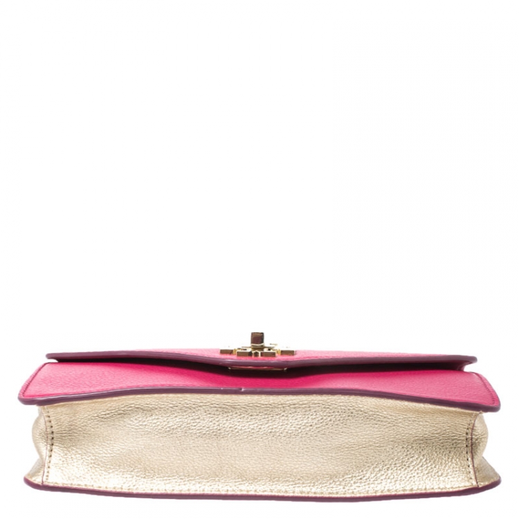 Pre Owned Tory Burch Fuchsia/Gold Leather Kira Envelope Flap Chain Bag