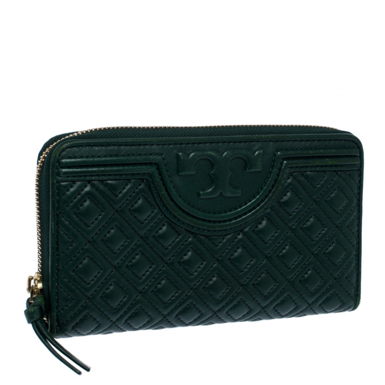 Pre Owned Tory Burch Green Leather Fleming Zip Around Wallet
