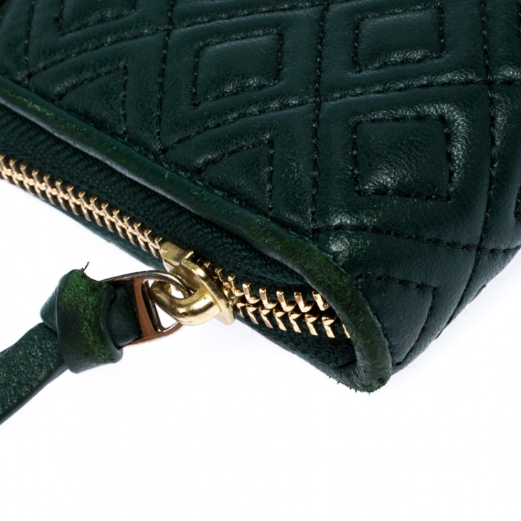 Pre Owned Tory Burch Green Leather Fleming Zip Around Wallet