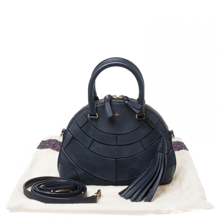 Pre Owned Tory Burch Navy Blue Leather Small Dome Tassel Robinson Crossbody Bag