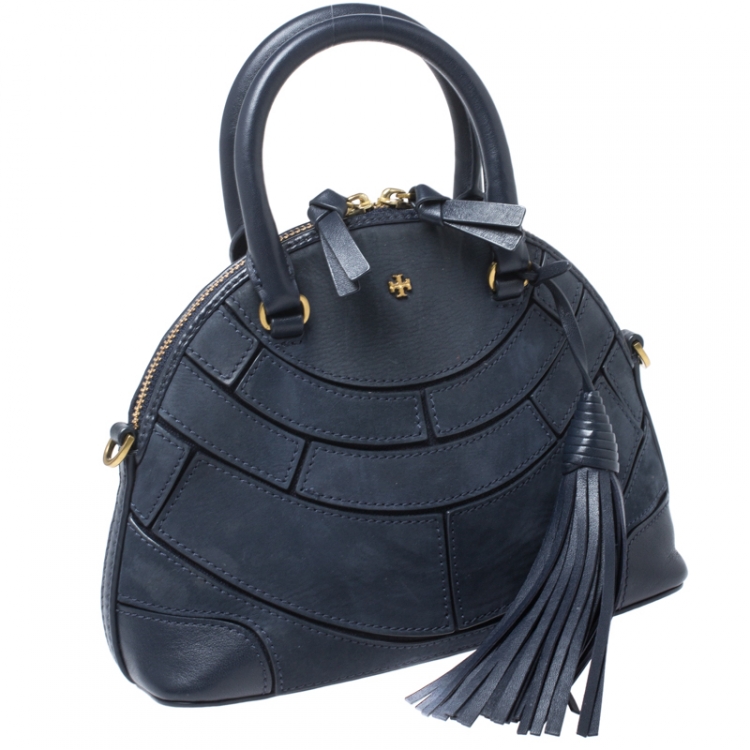 Pre Owned Tory Burch Navy Blue Leather Small Dome Tassel Robinson Crossbody Bag