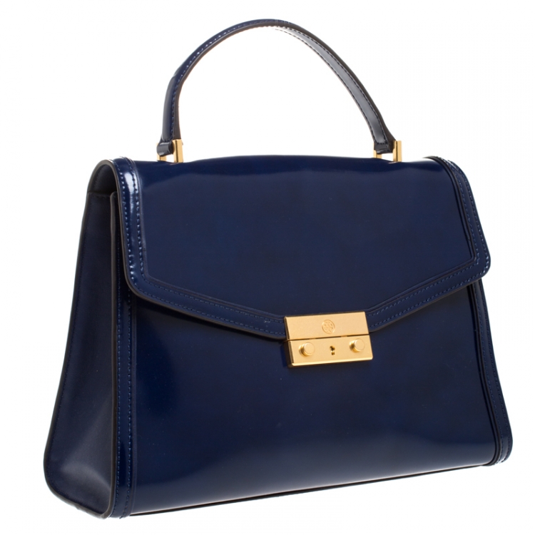 Pre Owned Tory Burch Blue Patent Leather Juliette Top Handle Bag