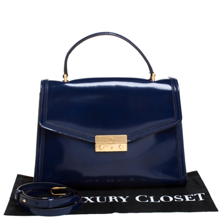 Pre Owned Tory Burch Blue Patent Leather Juliette Top Handle Bag