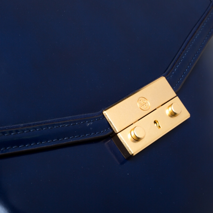 Pre Owned Tory Burch Blue Patent Leather Juliette Top Handle Bag