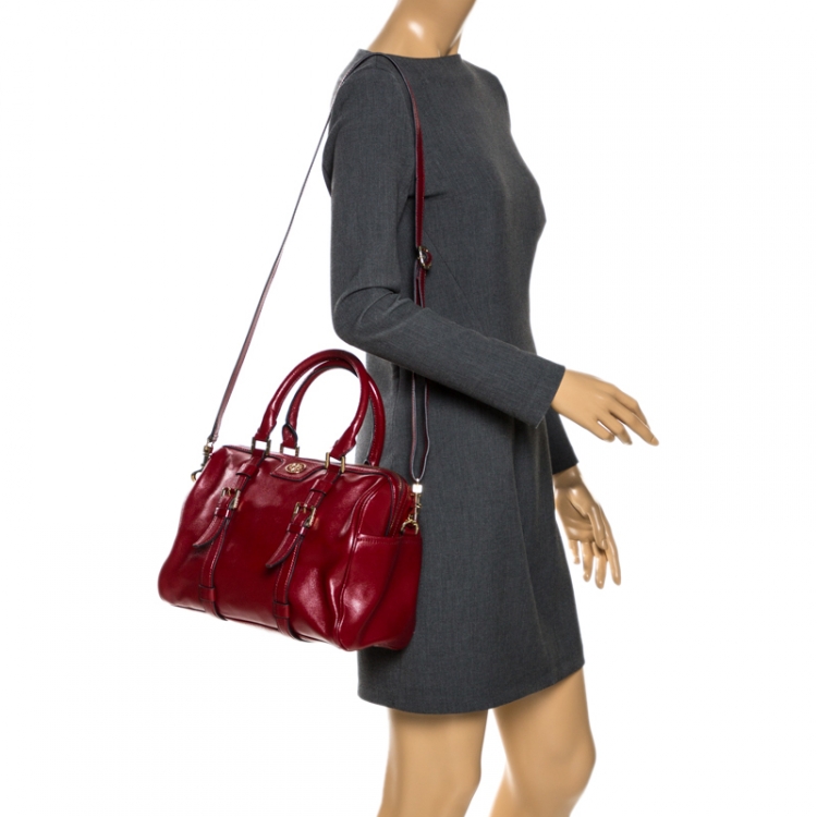 Pre Owned Tory Burch Red Leather Robinson Boston Bag