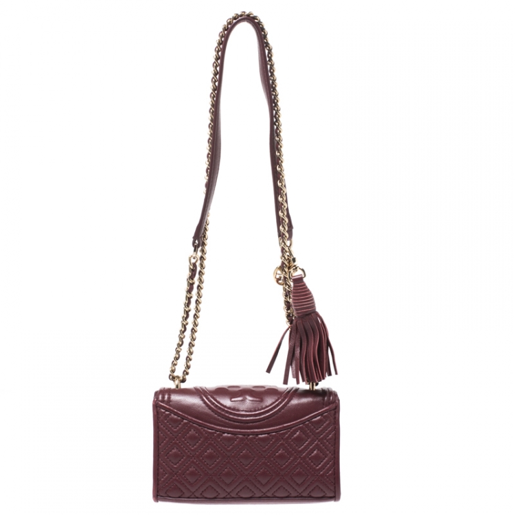 Pre Owned Tory Burch Burgundy Leather Mini Fleming Shoulder Bag