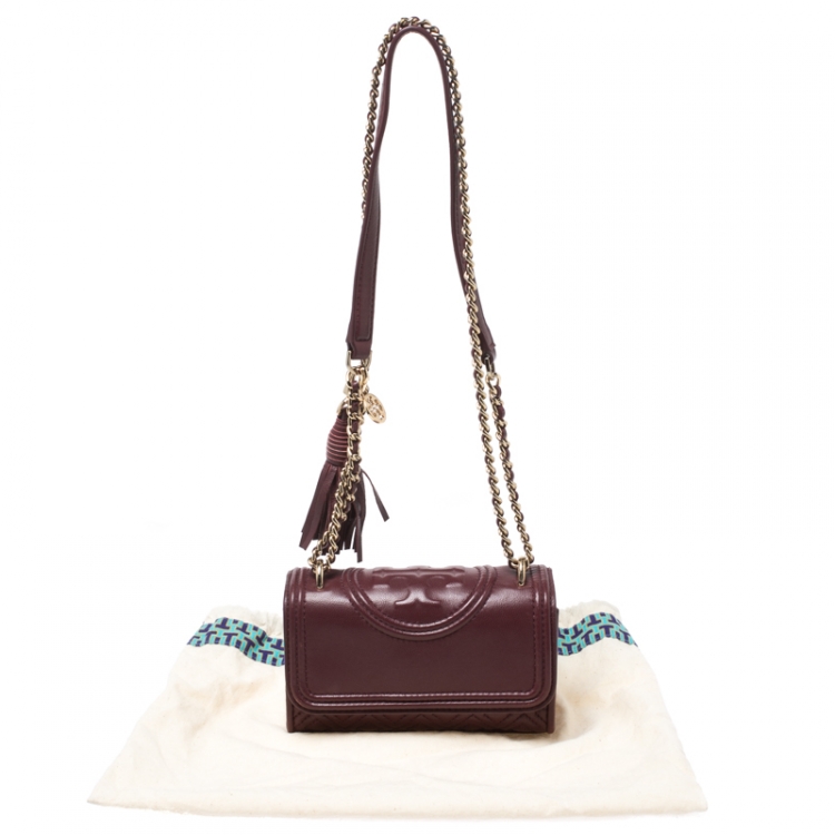 Pre Owned Tory Burch Burgundy Leather Mini Fleming Shoulder Bag