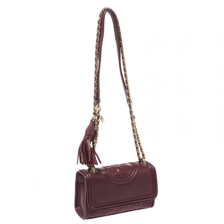 Pre Owned Tory Burch Burgundy Leather Mini Fleming Shoulder Bag