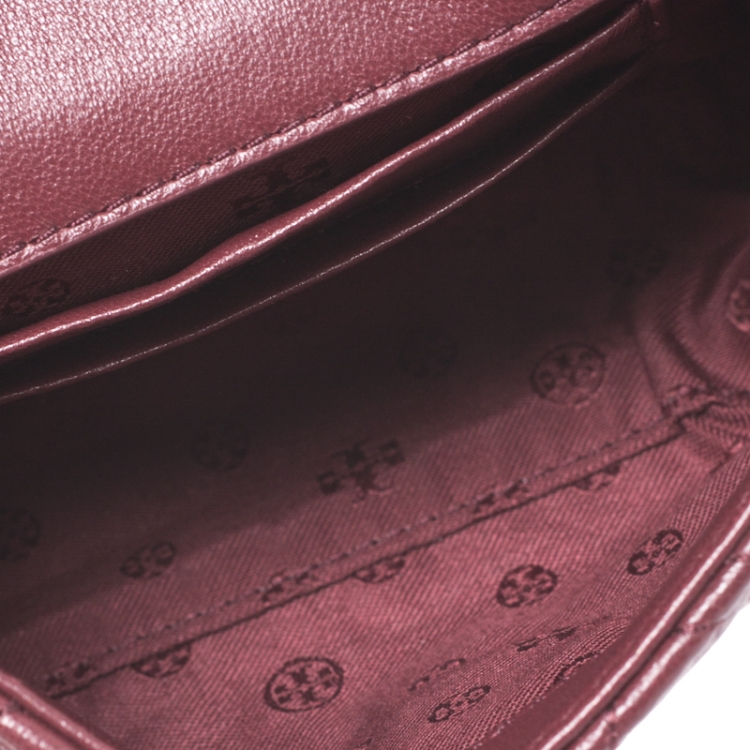 Pre Owned Tory Burch Burgundy Leather Mini Fleming Shoulder Bag