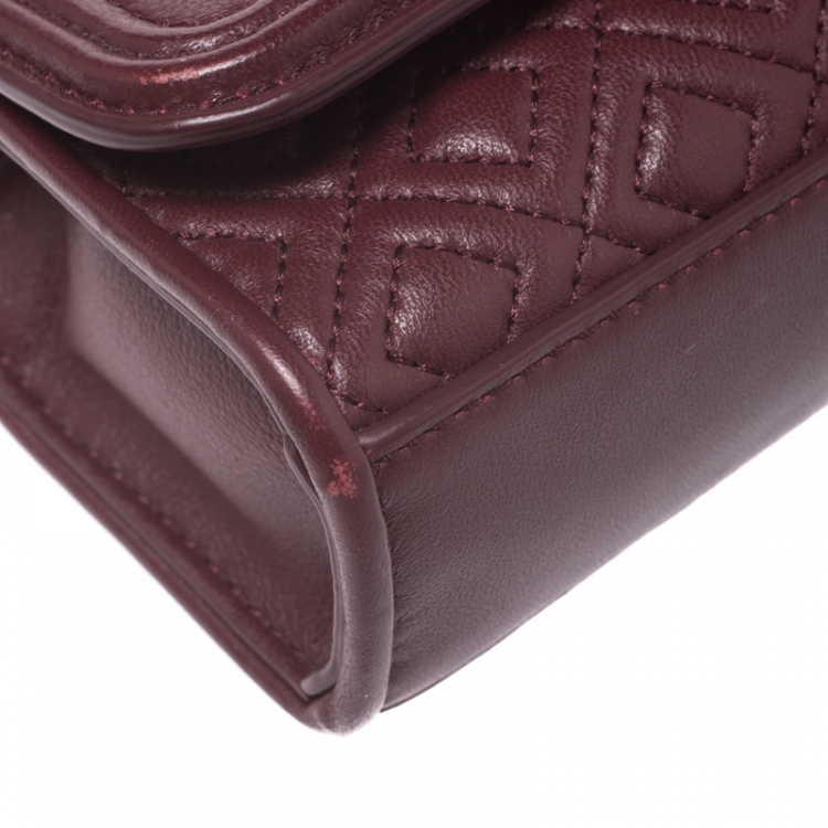 Pre Owned Tory Burch Burgundy Leather Mini Fleming Shoulder Bag