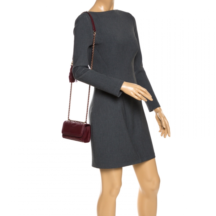 Pre Owned Tory Burch Burgundy Leather Mini Fleming Shoulder Bag