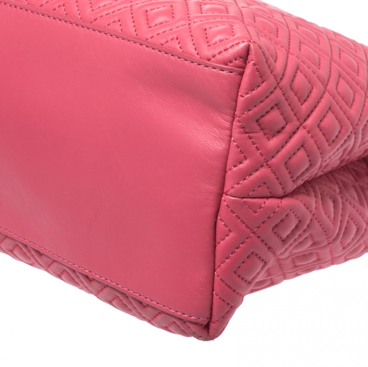 Pre Owned Tory Burch Coral Pink Quilted Leather Marion Chain Tote