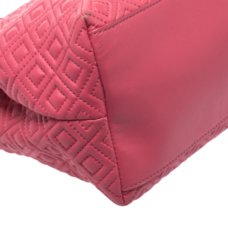 Pre Owned Tory Burch Coral Pink Quilted Leather Marion Chain Tote