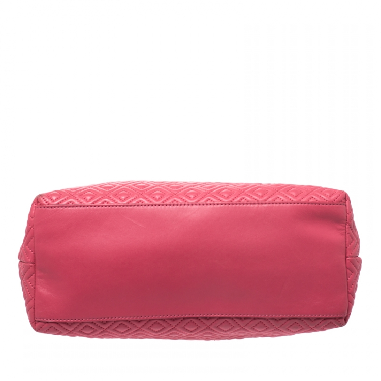 Pre Owned Tory Burch Coral Pink Quilted Leather Marion Chain Tote