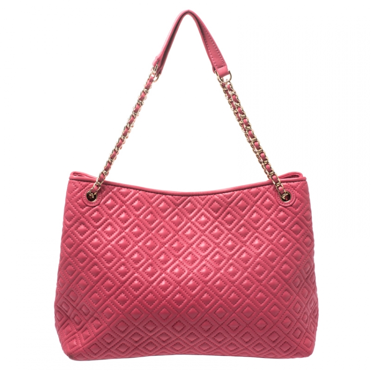 Pre Owned Tory Burch Coral Pink Quilted Leather Marion Chain Tote
