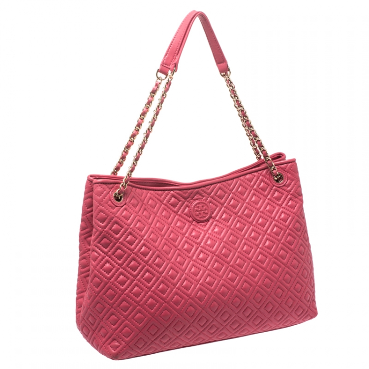 Pre Owned Tory Burch Coral Pink Quilted Leather Marion Chain Tote