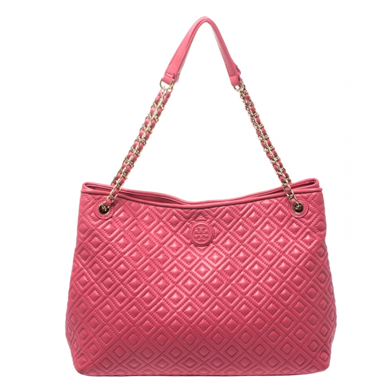 Pre Owned Tory Burch Coral Pink Quilted Leather Marion Chain Tote
